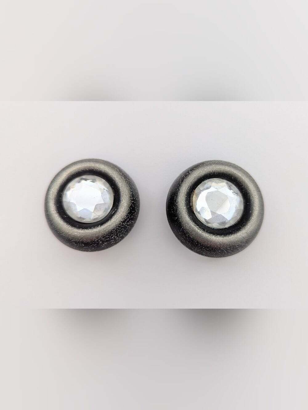 Unisex Black & Gun Metal Grey Clip-On Earrings w/Clear Reflective Crystal Center